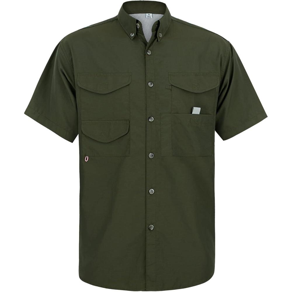 imageAlimens amp Gentle Short Sleeve Fishing Shirt Wicking Fabric Sun Protection Casual Button Down ShirtsArmy Green
