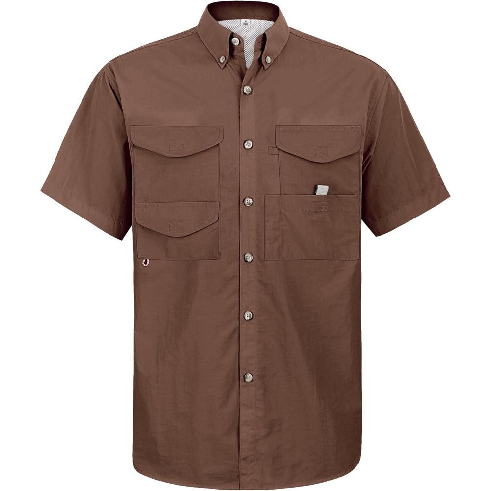 imageAlimens amp Gentle Short Sleeve Fishing Shirt Wicking Fabric Sun Protection Casual Button Down ShirtsBrown