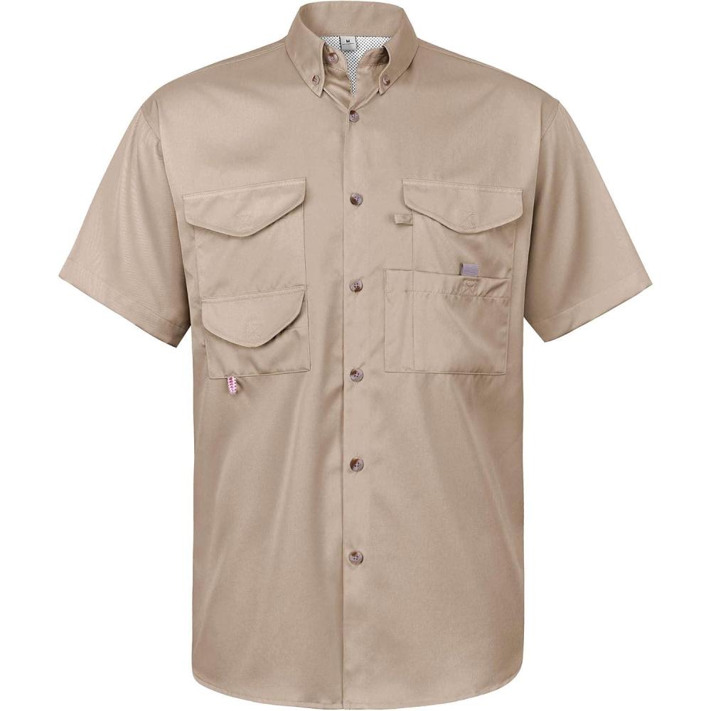 imageAlimens amp Gentle Short Sleeve Fishing Shirt Wicking Fabric Sun Protection Casual Button Down ShirtsKhaki