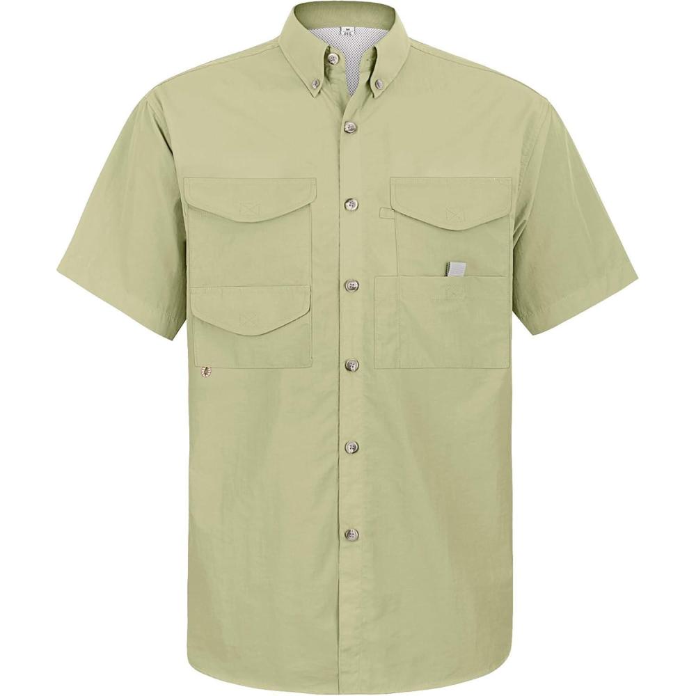 imageAlimens amp Gentle Short Sleeve Fishing Shirt Wicking Fabric Sun Protection Casual Button Down ShirtsKhaki Yellow