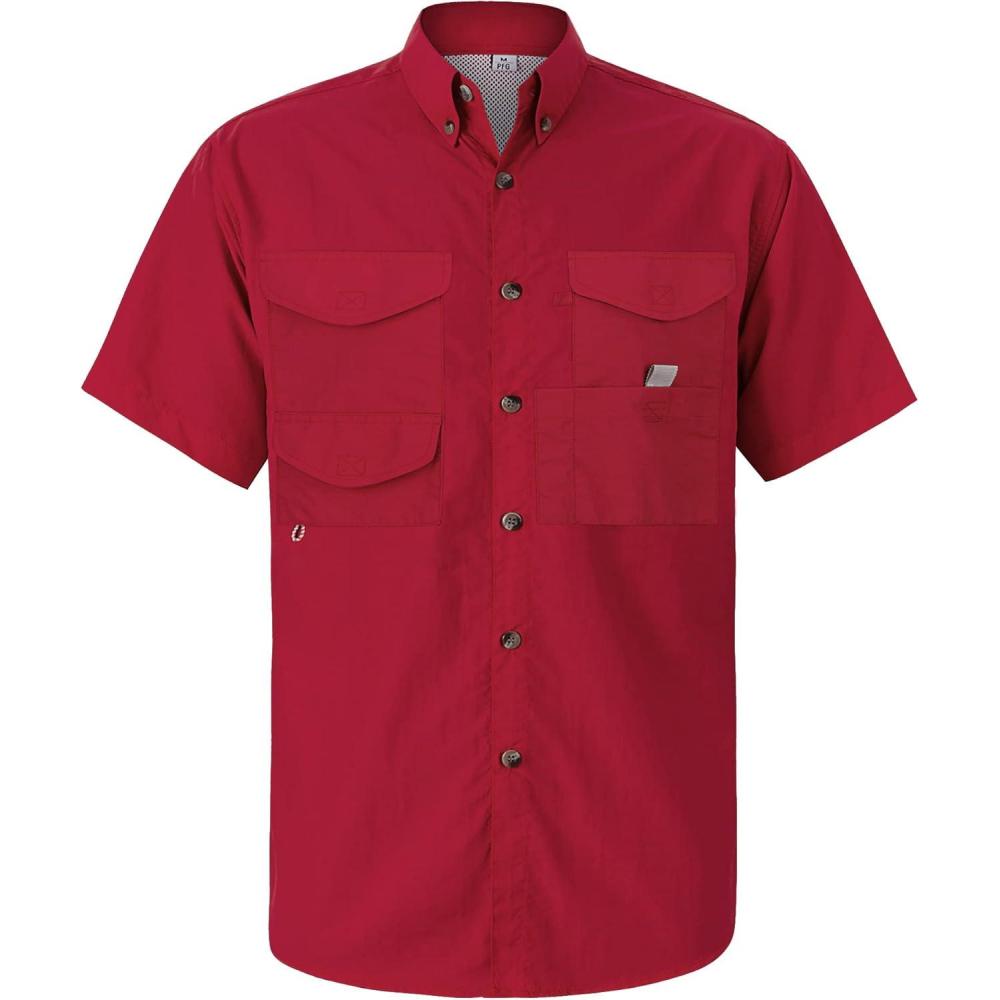 imageAlimens amp Gentle Short Sleeve Fishing Shirt Wicking Fabric Sun Protection Casual Button Down ShirtsRed