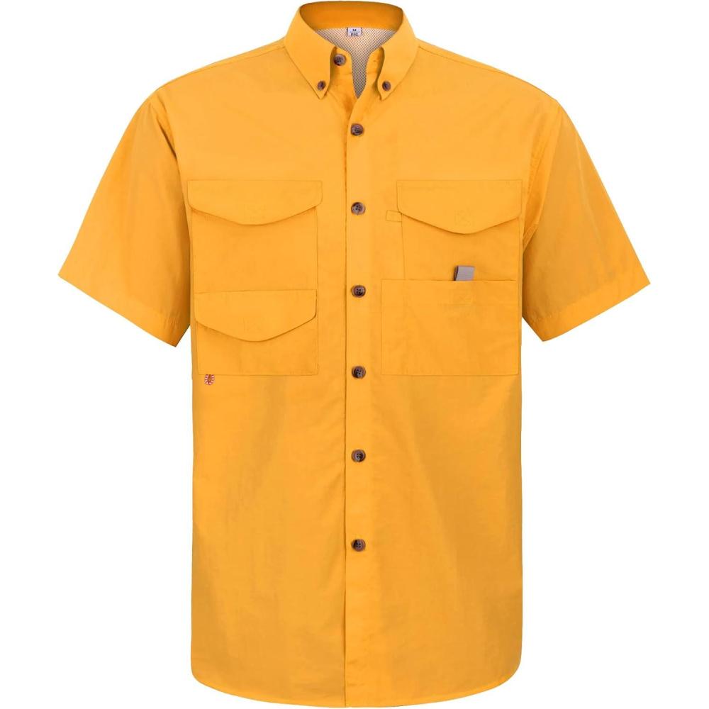 imageAlimens amp Gentle Short Sleeve Fishing Shirt Wicking Fabric Sun Protection Casual Button Down ShirtsYellow