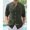 Alimens & Gentle Men’s Cotton Linen Shirts Long Sleeve Button Down Shirt Band Collar Beach Shirts(Army Green)