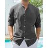 Alimens & Gentle Men’s Cotton Linen Shirts Long Sleeve Button Down Shirt Band Collar Beach Shirts(Brownish Gray)