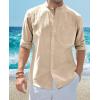 Alimens & Gentle Men’s Cotton Linen Shirts Long Sleeve Button Down Shirt Band Collar Beach Shirts(Camel)