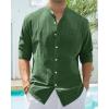 Alimens & Gentle Men’s Cotton Linen Shirts Long Sleeve Button Down Shirt Band Collar Beach Shirts(Dark Green)