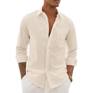Alimens & Gentle Linen Shirts for Men Long Sleeve Casual Cotton Button Down Shirts Summer Beach Wedding Tops with Pocket(Beige)
