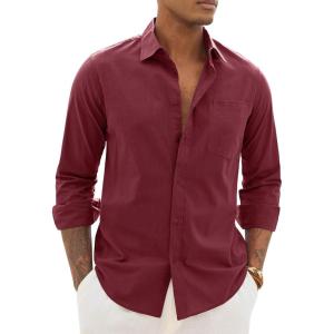 Alimens & Gentle Linen Shirts for Men Long Sleeve Casual Cotton Button Down Shirts Summer Beach Wedding Tops with Pocket(Burgundy)