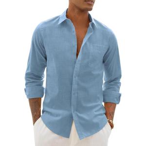 Alimens & Gentle Linen Shirts for Men Long Sleeve Casual Cotton Button Down Shirts Summer Beach Wedding Tops with Pocket(Grey Blue)