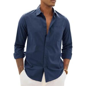 Alimens & Gentle Linen Shirts for Men Long Sleeve Casual Cotton Button Down Shirts Summer Beach Wedding Tops with Pocket(Navy Blue)