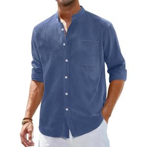 Alimens & Gentle Men’s Cotton Linen Shirts Long Sleeve Button Down Shirt Band Collar Beach Shirts(Blue Wing Teal)