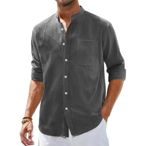 Alimens & Gentle Men’s Cotton Linen Shirts Long Sleeve Button Down Shirt Band Collar Beach Shirts(Brownish Gray)