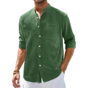 Alimens & Gentle Men’s Cotton Linen Shirts Long Sleeve Button Down Shirt Band Collar Beach Shirts(Dark Green)
