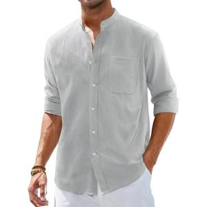 Alimens & Gentle Men’s Cotton Linen Shirts Long Sleeve Button Down Shirt Band Collar Beach Shirts(Grey)