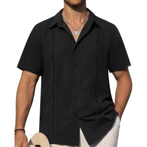 Alimens & Gentle Mens Cuban Guayabera Shirts Short Sleeve Button Down Shirts for Men Summer Beach Wedding(Black)