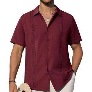 Alimens & Gentle Mens Cuban Guayabera Shirts Short Sleeve Button Down Shirts for Men Summer Beach Wedding(Burgundy)