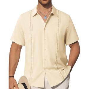 Alimens & Gentle Mens Cuban Guayabera Shirts Short Sleeve Button Down Shirts for Men Summer Beach Wedding(Champagne)
