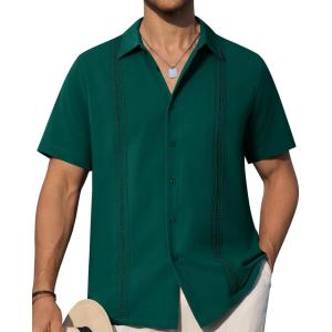 Alimens & Gentle Mens Cuban Guayabera Shirts Short Sleeve Button Down Shirts for Men Summer Beach Wedding(Dark Green)