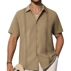 Alimens & Gentle Mens Cuban Guayabera Shirts Short Sleeve Button Down Shirts for Men Summer Beach Wedding(Dark Khaki)