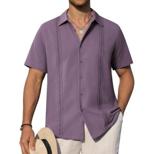 Alimens & Gentle Mens Cuban Guayabera Shirts Short Sleeve Button Down Shirts for Men Summer Beach Wedding(Dark Purple)