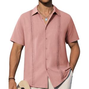 Alimens & Gentle Mens Cuban Guayabera Shirts Short Sleeve Button Down Shirts for Men Summer Beach Wedding(Deep Pink)