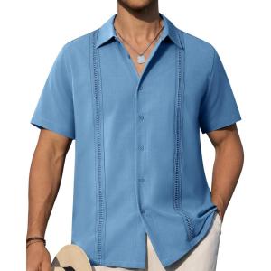 Alimens & Gentle Mens Cuban Guayabera Shirts Short Sleeve Button Down Shirts for Men Summer Beach Wedding(Denim Blue)