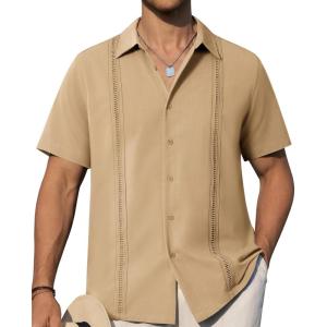 Alimens & Gentle Mens Cuban Guayabera Shirts Short Sleeve Button Down Shirts for Men Summer Beach Wedding(Khaki)