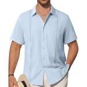 Alimens & Gentle Mens Cuban Guayabera Shirts Short Sleeve Button Down Shirts for Men Summer Beach Wedding(Light Blue)