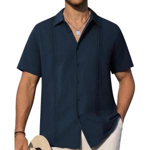 Alimens & Gentle Mens Cuban Guayabera Shirts Short Sleeve Button Down Shirts for Men Summer Beach Wedding(Navy Blue)