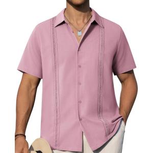 Alimens & Gentle Mens Cuban Guayabera Shirts Short Sleeve Button Down Shirts for Men Summer Beach Wedding(Pink Purple)
