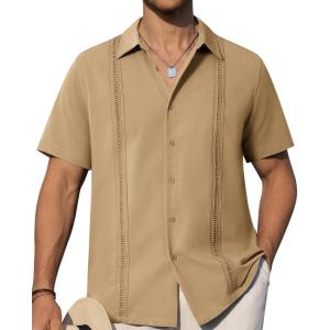 Alimens & Gentle Mens Cuban Guayabera Shirts Short Sleeve Button Down Shirts for Men Summer Beach Wedding(Tan)