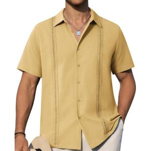 Alimens & Gentle Mens Cuban Guayabera Shirts Short Sleeve Button Down Shirts for Men Summer Beach Wedding(Yellow)
