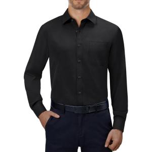 Alimens & Gentle Mens Dress Shirts 4-Way Stretch Long Sleeve Collared Casual Solid Wedding Dating Button Down Shirt(Black)