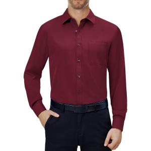 Alimens & Gentle Mens Dress Shirts 4-Way Stretch Long Sleeve Collared Casual Solid Wedding Dating Button Down Shirt(Burgundy)