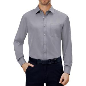 Alimens & Gentle Mens Dress Shirts 4-Way Stretch Long Sleeve Collared Casual Solid Wedding Dating Button Down Shirt(Grey)