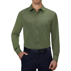 Alimens & Gentle Mens Dress Shirts 4-Way Stretch Long Sleeve Collared Casual Solid Wedding Dating Button Down Shirt(Olive Green)