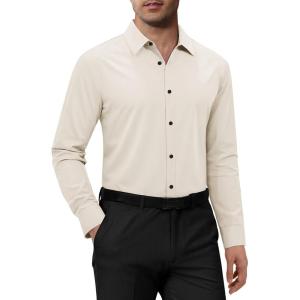 Alimens & Gentle Mens Dress Shirts Long Sleeve 4 Way Stretch Solid Collared Button Down Shirt Regular Fit Formal Business(Beige)