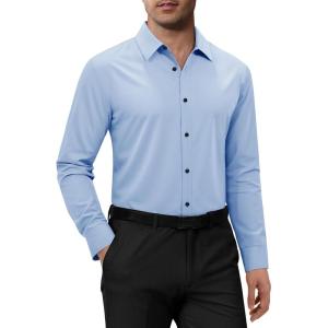 Alimens & Gentle Mens Dress Shirts Long Sleeve 4 Way Stretch Solid Collared Button Down Shirt Regular Fit Formal Business(Light Blue)