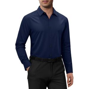 Alimens & Gentle Mens Dress Shirts Long Sleeve 4 Way Stretch Solid Collared Button Down Shirt Regular Fit Formal Business(Navy Blue)