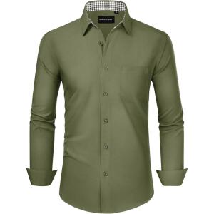Alimens & Gentle Mens Dress Shirts Long Sleeve Button Down Shirt Men Wrinkle Free Contrast Collar Shirts(Army Green)