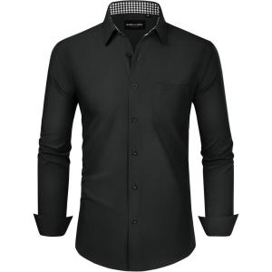 Alimens & Gentle Mens Dress Shirts Long Sleeve Button Down Shirt Men Wrinkle Free Contrast Collar Shirts(Black)