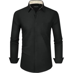 Alimens & Gentle Mens Dress Shirts Long Sleeve Button Down Shirt Men Wrinkle Free Contrast Collar Shirts(Black-champagne)