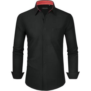 Alimens & Gentle Mens Dress Shirts Long Sleeve Button Down Shirt Men Wrinkle Free Contrast Collar Shirts(Black-red Polka Dots)