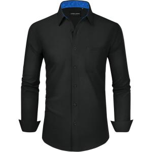 Alimens & Gentle Mens Dress Shirts Long Sleeve Button Down Shirt Men Wrinkle Free Contrast Collar Shirts(Black-royal Blue)
