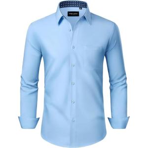 Alimens & Gentle Mens Dress Shirts Long Sleeve Button Down Shirt Men Wrinkle Free Contrast Collar Shirts(Blue-polka Dots)