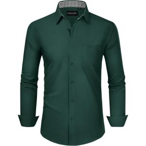 Alimens & Gentle Mens Dress Shirts Long Sleeve Button Down Shirt Men Wrinkle Free Contrast Collar Shirts(Dark Green)