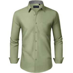 Alimens & Gentle Mens Dress Shirts Long Sleeve Button Down Shirt Men Wrinkle Free Contrast Collar Shirts(Green)