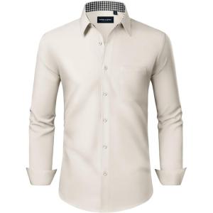 Alimens & Gentle Mens Dress Shirts Long Sleeve Button Down Shirt Men Wrinkle Free Contrast Collar Shirts(Ivory Purple)