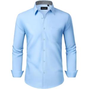 Alimens & Gentle Mens Dress Shirts Long Sleeve Button Down Shirt Men Wrinkle Free Contrast Collar Shirts(Light Blue)