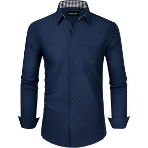Alimens & Gentle Mens Dress Shirts Long Sleeve Button Down Shirt Men Wrinkle Free Contrast Collar Shirts(Navy Blue)